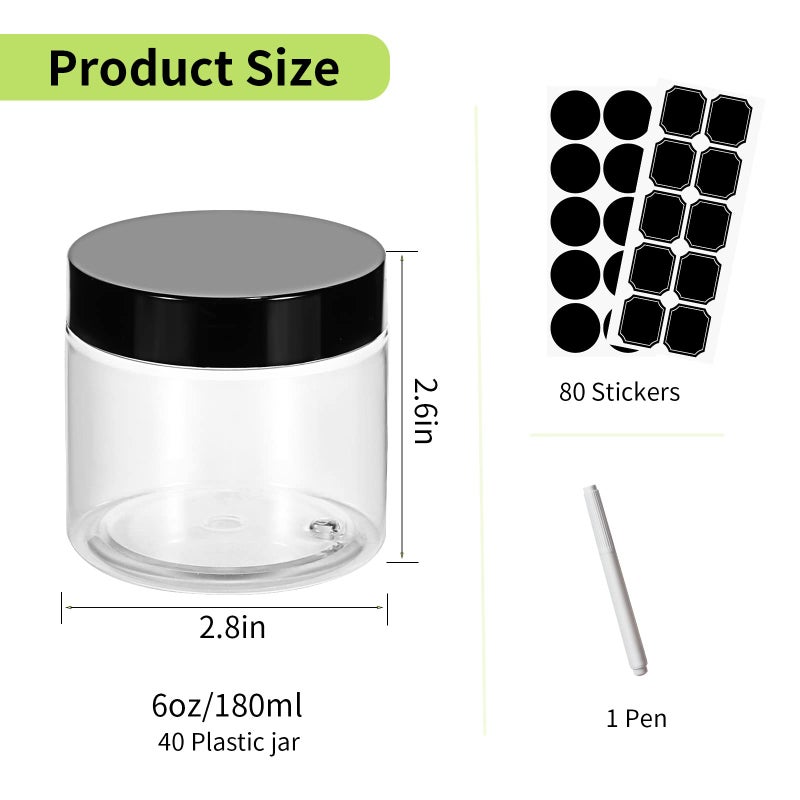 STARSIDE 40 Pack 180ml 6 oz Empty Clear Plastic Jars with Black Lids, Refillable Round Containers for Slime,Beauty Products, powder, Cream, Scrubs, Cookie,Dried Fruit. Include 1 Pen and 80 Labels. - Image 2